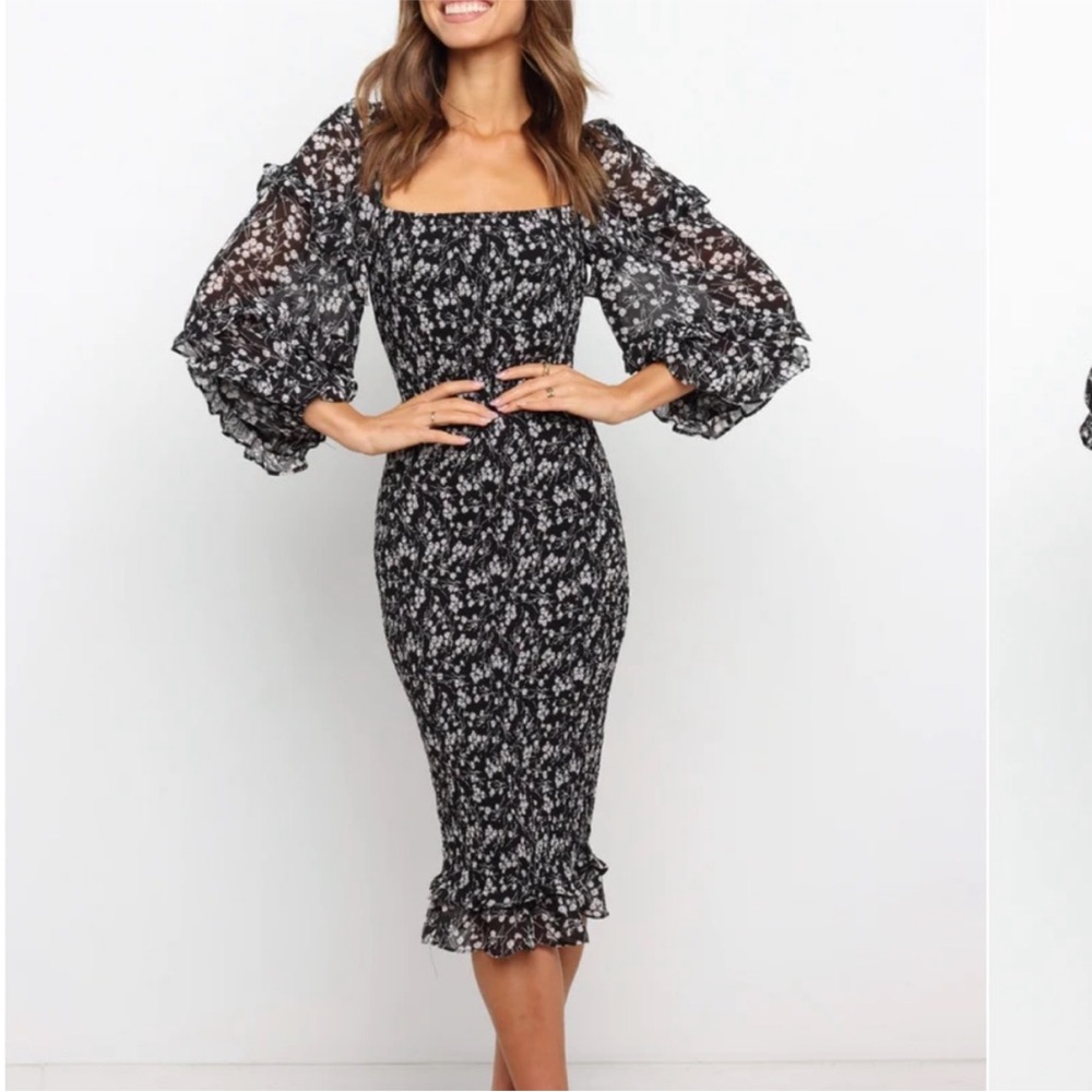 Petal & Pup Black Floral Long Sleeve Smocked Midi Dress